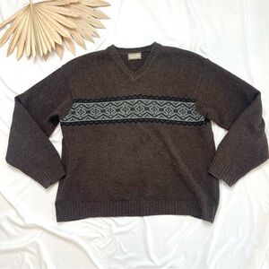 Vintage Thomas Burberry Brown Grey Knit Fair Isle Wool V-Neck Sweater Size Large
